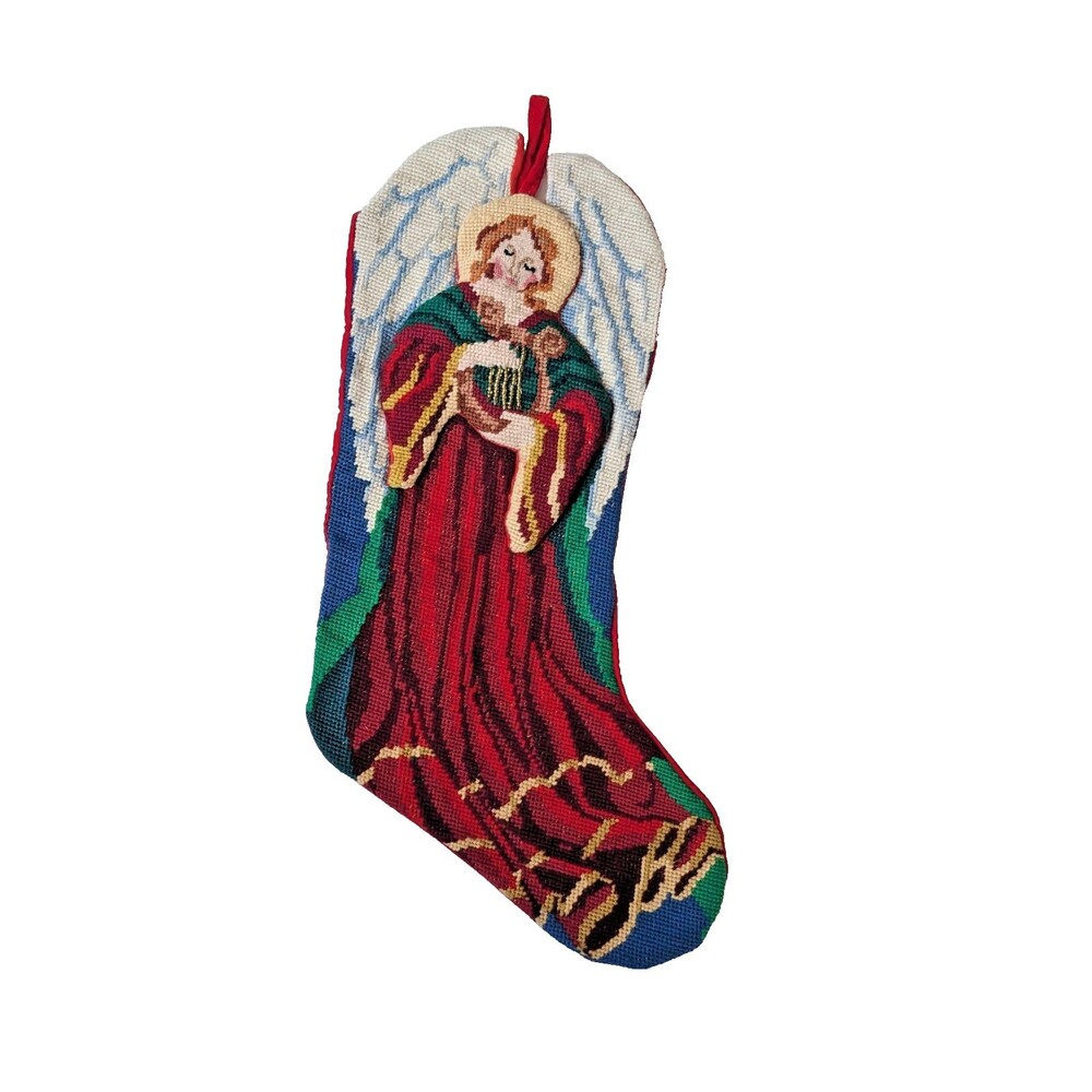 Vintage Needlepoint Christmas‎ Stocking 20" Angel Harp 3D Beaded Red Velvet Back